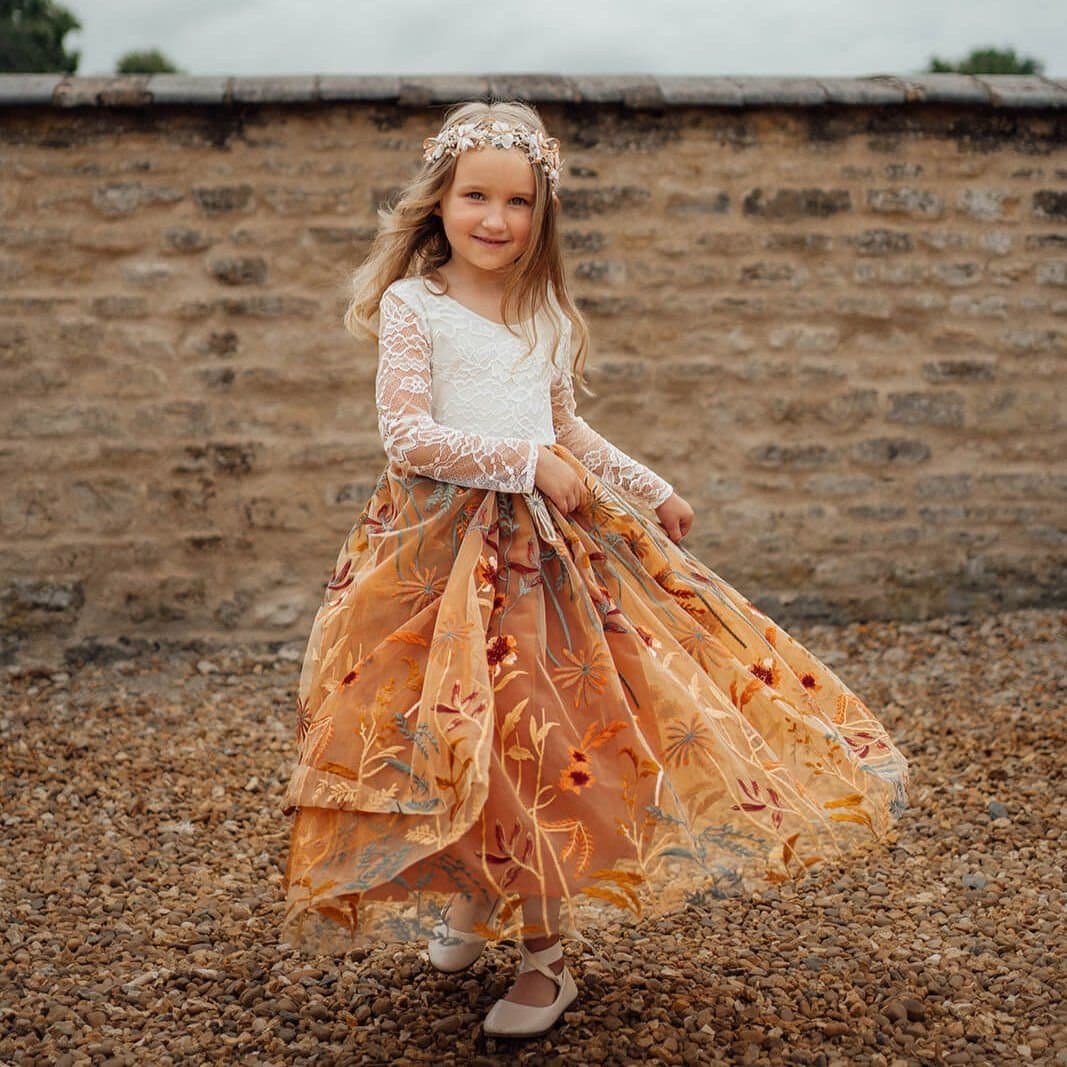 UK Flower Girl Boutique UK Flower Girl Boutique Women's Enchanted Fall Long Sleeve Dress - Chantilly Lace in Burnt Orange