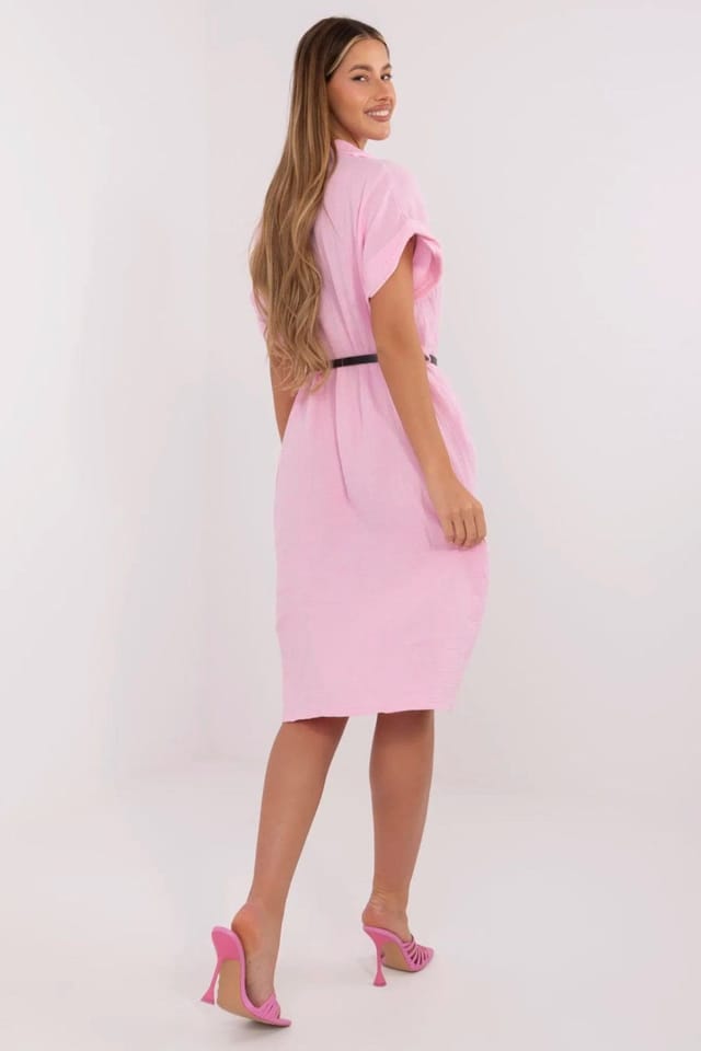 Love Lace Love Lace Women's Classic Cotton Muslin Shirt Dress with Belt in Pink - 3