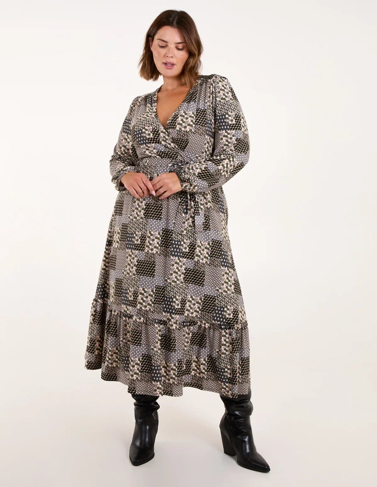 Blue Vanilla Curve Geometric Wrap Front Belted Midi Dress