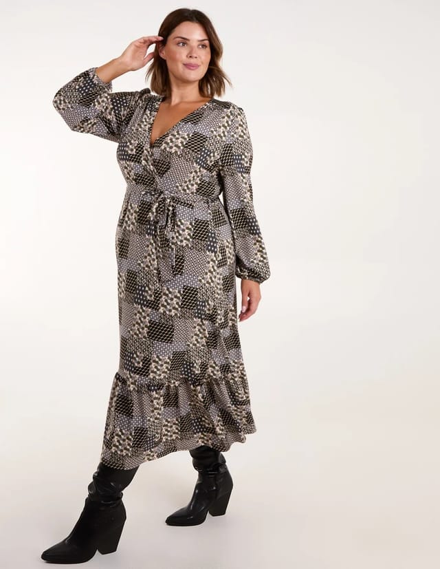 Blue Vanilla Curve Geometric Wrap Front Belted Midi Dress - 2