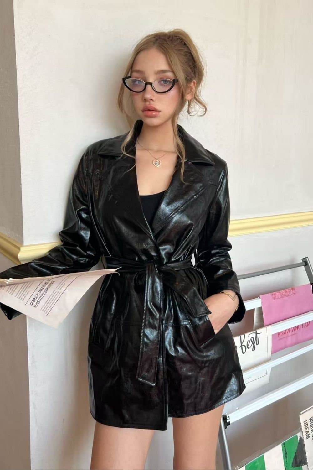 OUTTA BOX OUTTA BOX Women's Belted Longline PU Leather Trench Coat in Black