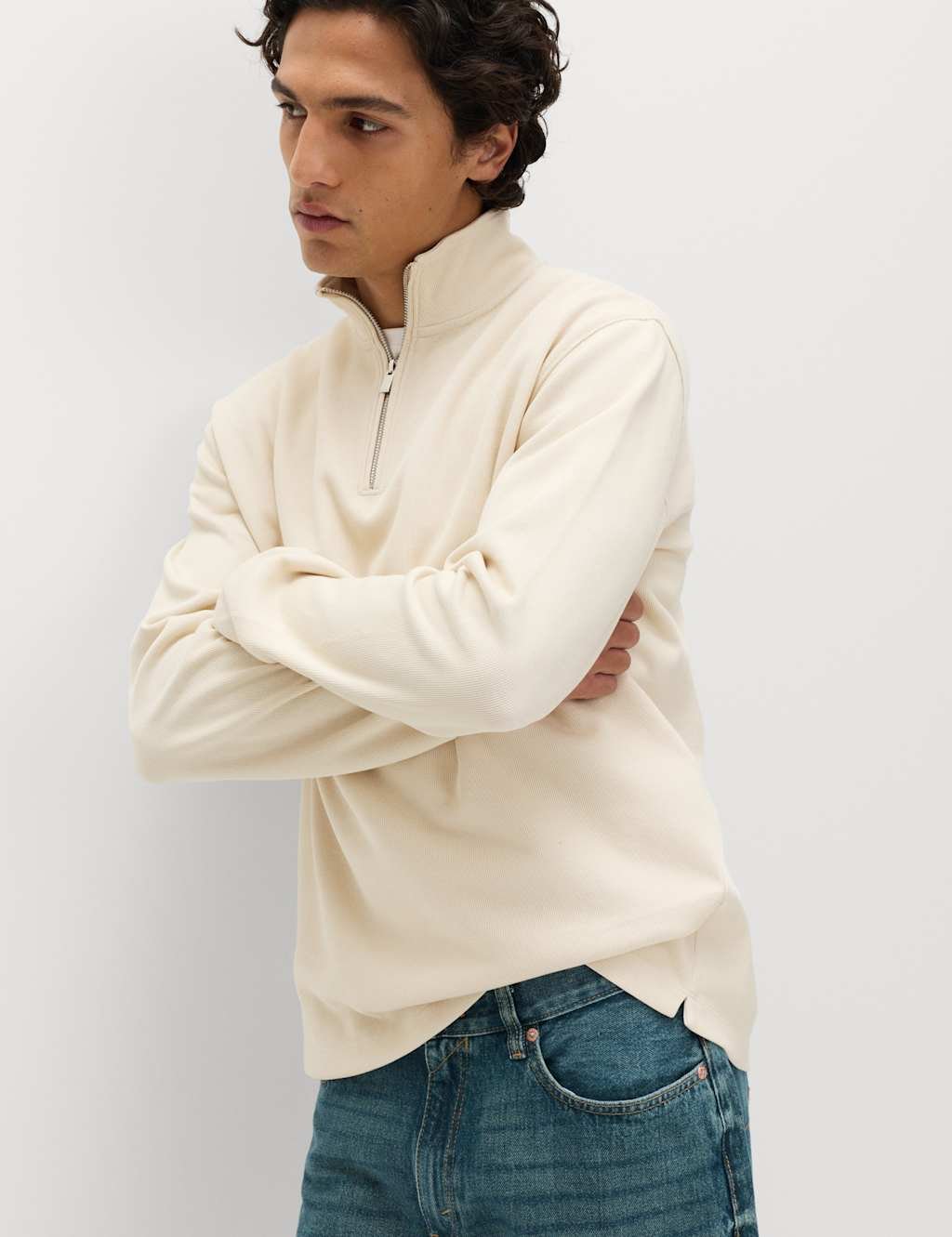 Marks & Spencer M&S Cotton Rich Double Knit Half Zip Sweatshirt Ivory - 3
