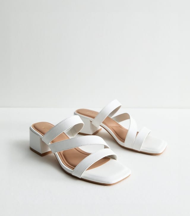 New Look Women's White Leather-Look Triple Strap Block Heel Mules New Look - 3