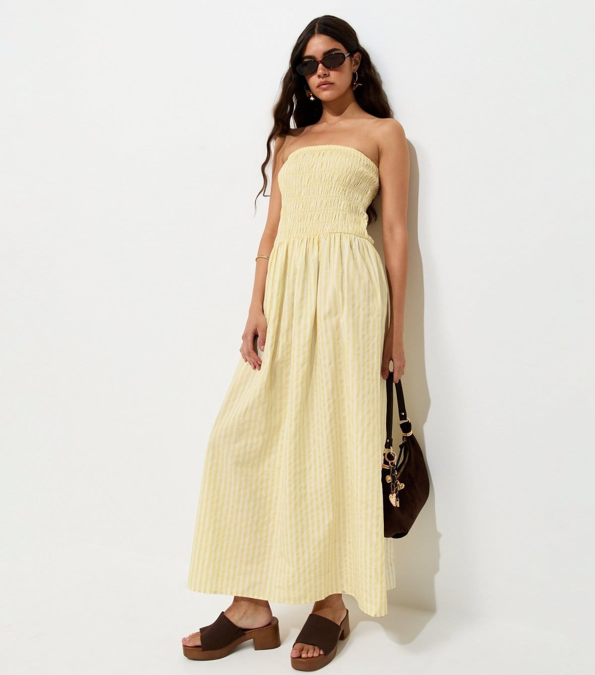 New Look Yellow Striped Bandeau Midi Dress
