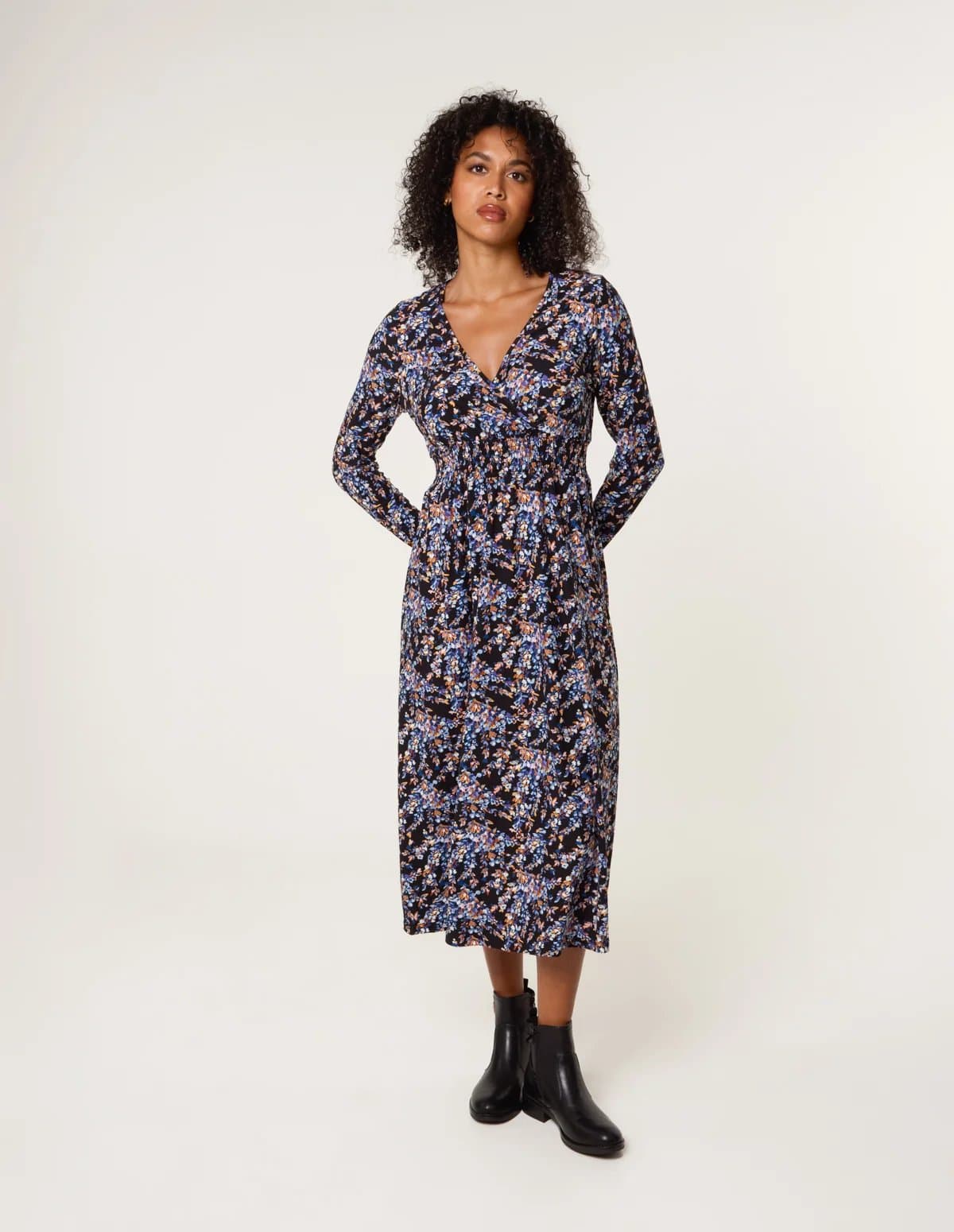 Blue Vanilla Floral V Neck Wrap Long Sleeve Midi Dress