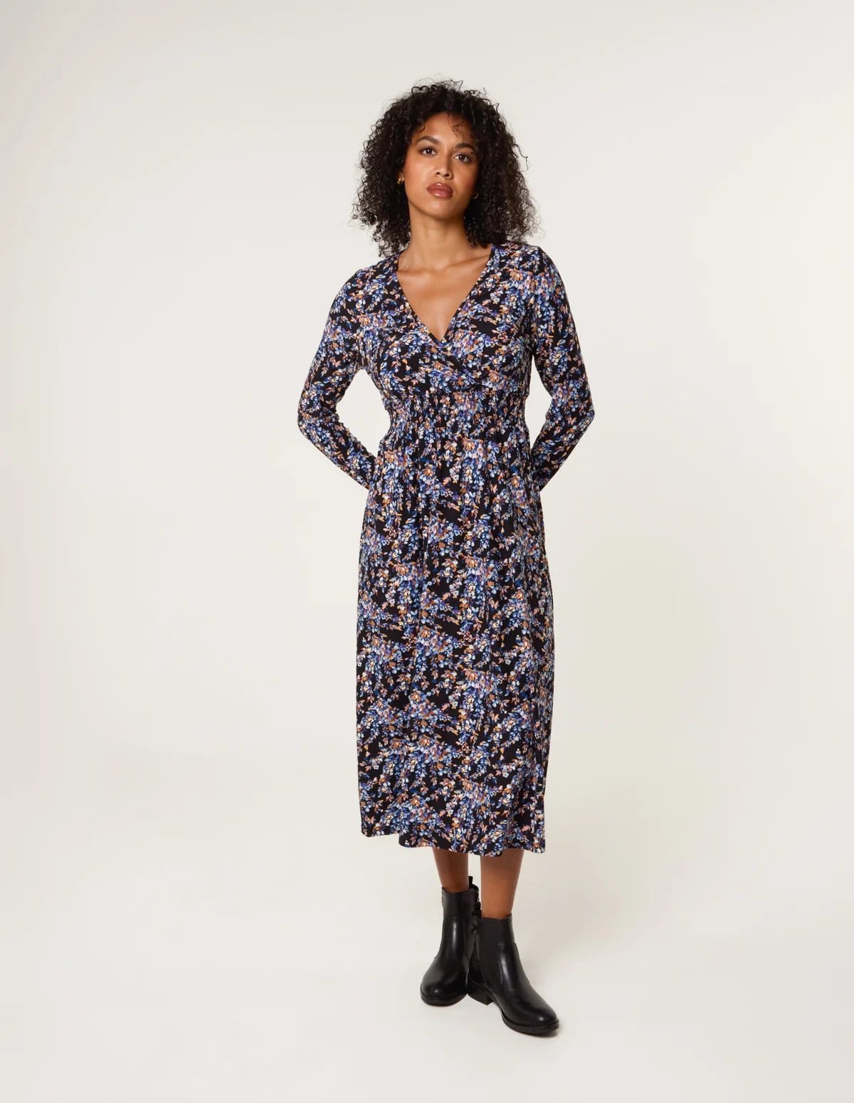 Blue Vanilla Floral V Neck Wrap Long Sleeve Midi Dress