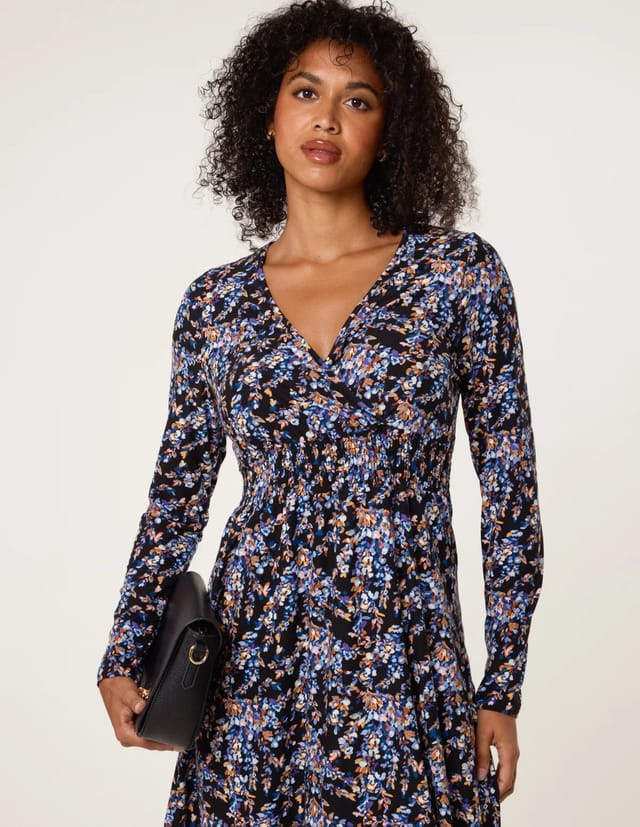 Blue Vanilla Floral V Neck Wrap Long Sleeve Midi Dress - 2