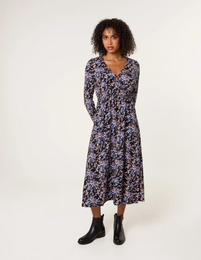Blue Vanilla Floral V Neck Wrap Long Sleeve Midi Dress - 3