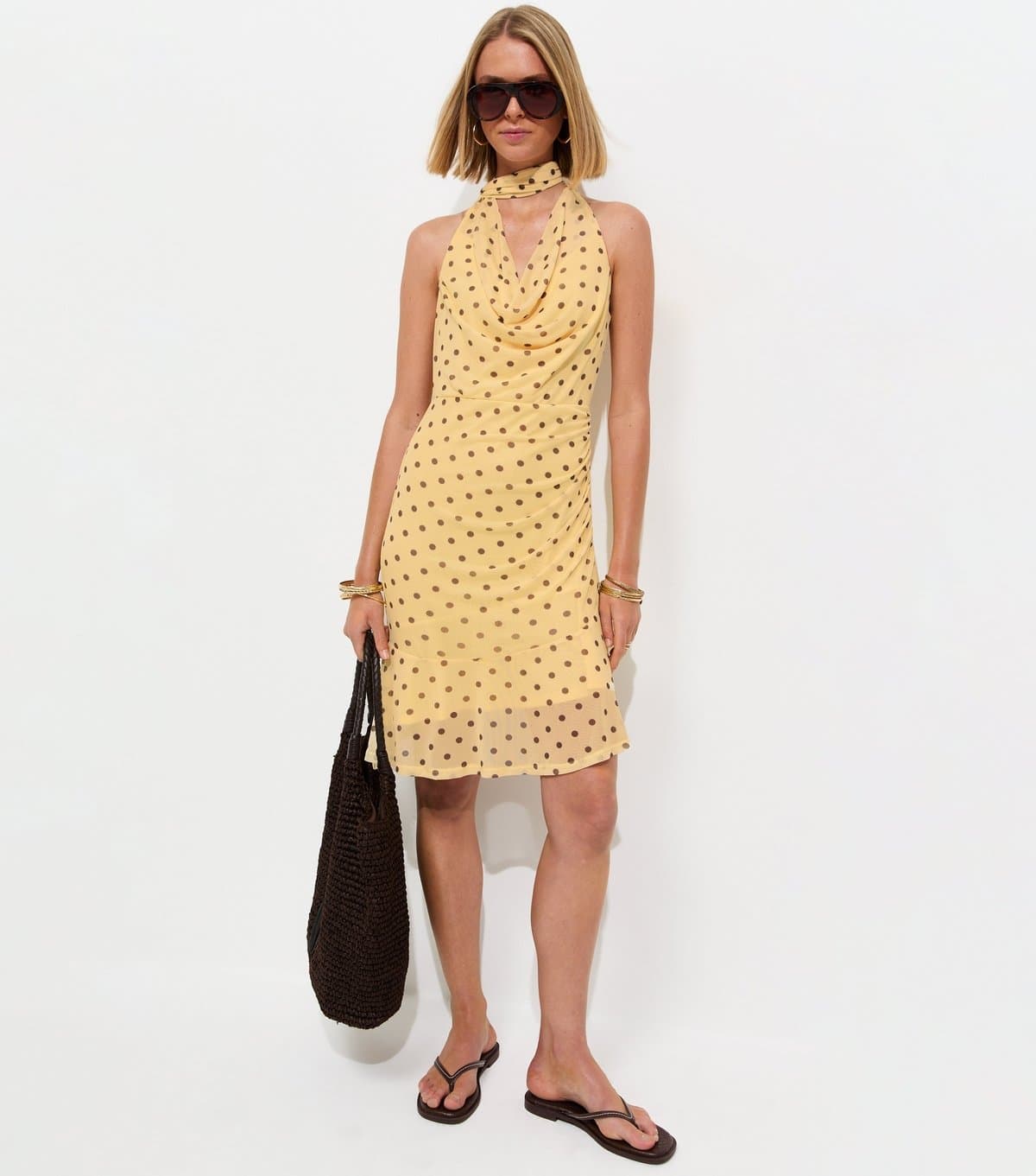 New Look Women's Light Yellow Polka Dot Mesh Halter Mini Dress New Look
