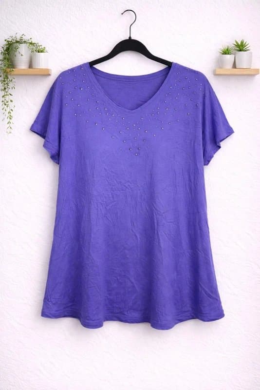 Bonmarché Bonmarché Purple V Neck Stud Embellished Top 100% Viscose UK10 Soft Drapey Tee