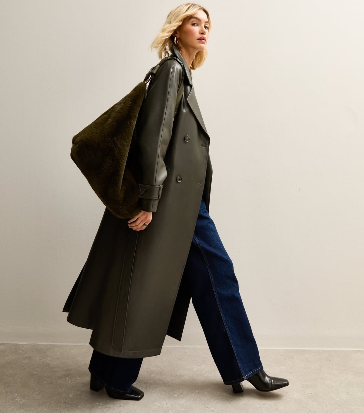 New Look Women's Dark Khaki Faux Leather Trench Coat New Look