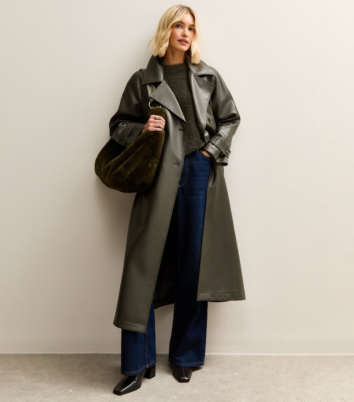 New Look Women's Dark Khaki Faux Leather Trench Coat New Look - 2