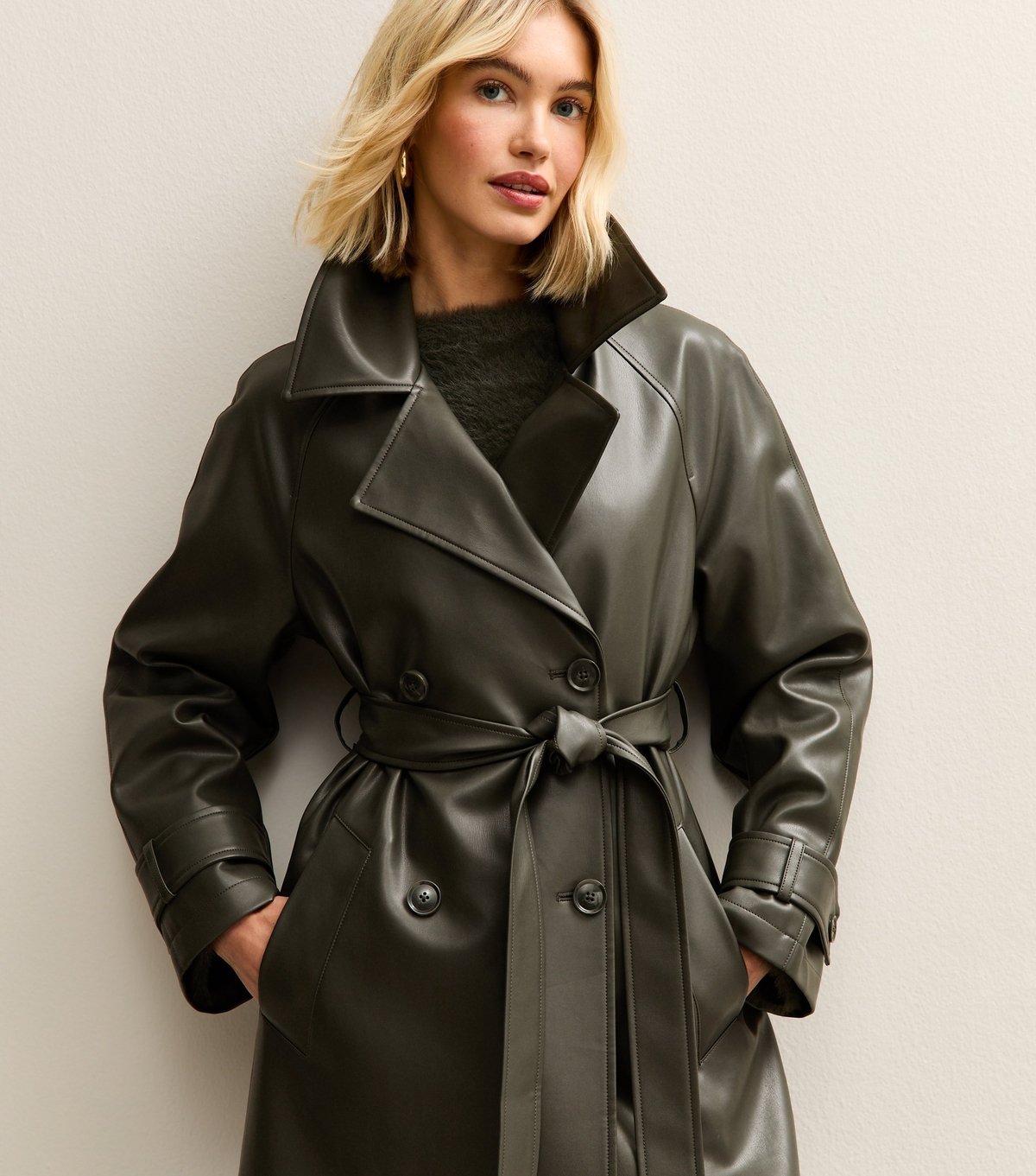 New Look Women's Dark Khaki Faux Leather Trench Coat New Look - 3