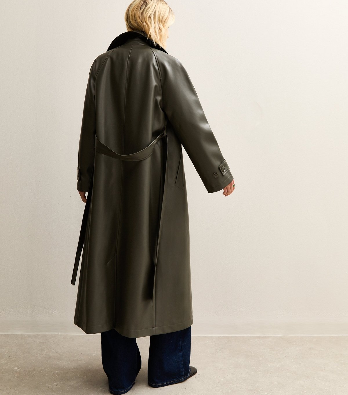 New Look Women's Dark Khaki Faux Leather Trench Coat New Look - 4