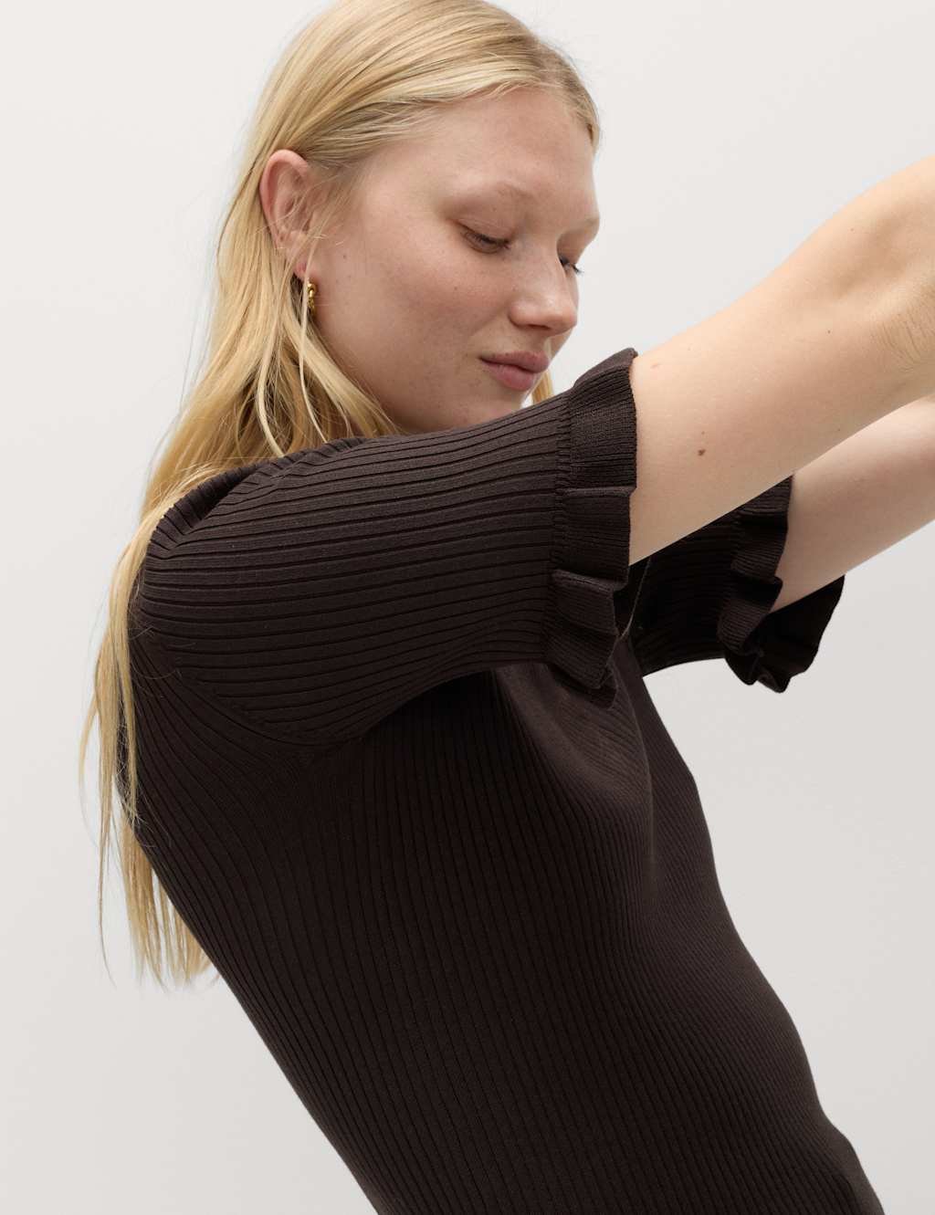 Marks & Spencer M&S Ribbed Frill Detail Knitted Top Bitter Chocolate - 3