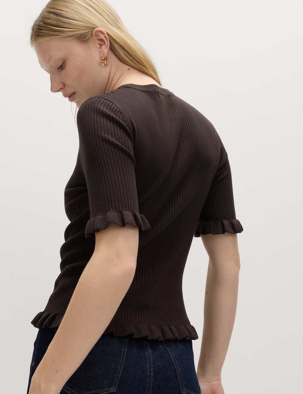 Marks & Spencer M&S Ribbed Frill Detail Knitted Top Bitter Chocolate - 4