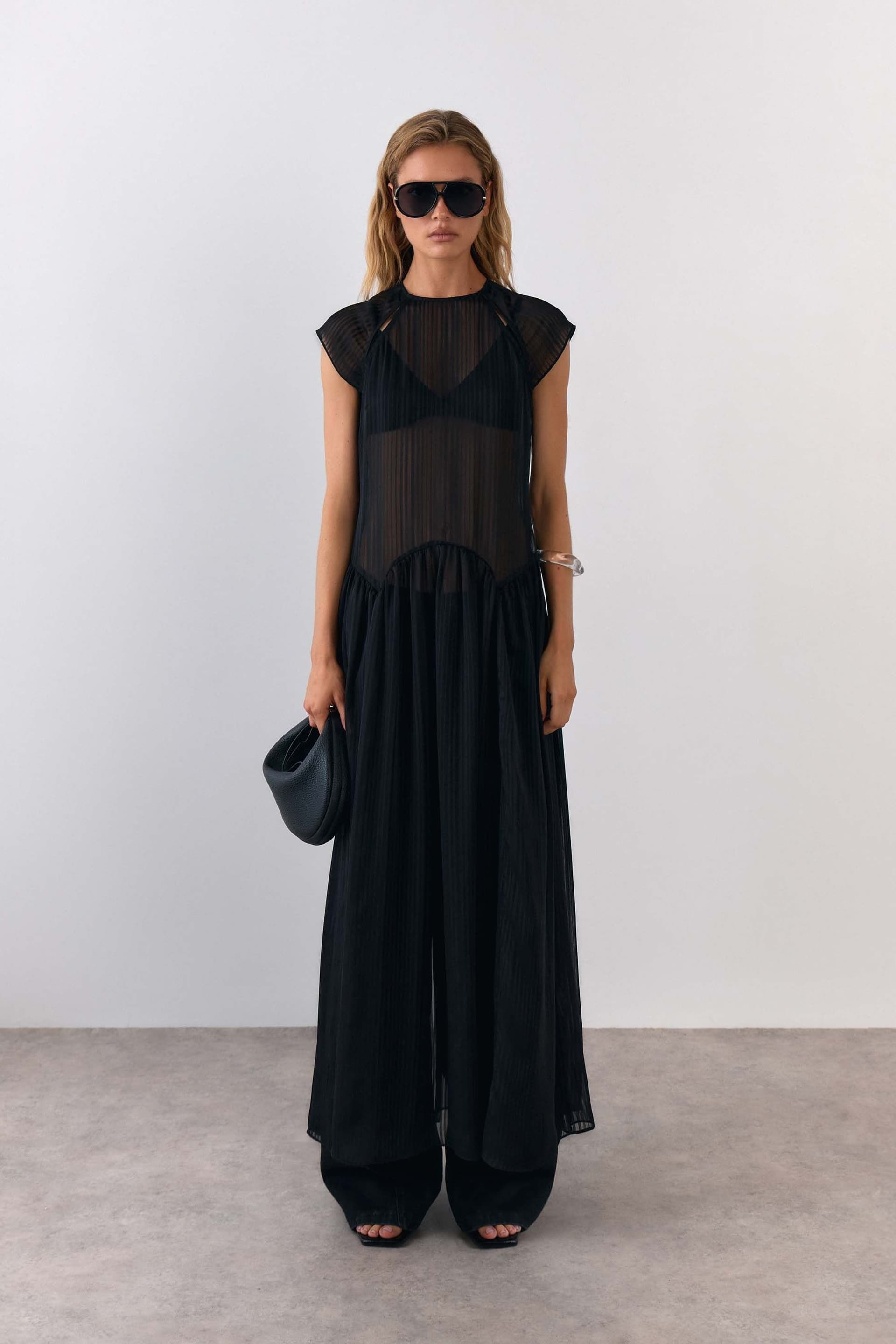 Warehouse Warehouse Women's Self Stripe Chiffon Sheer Layered Maxi Dress in Black