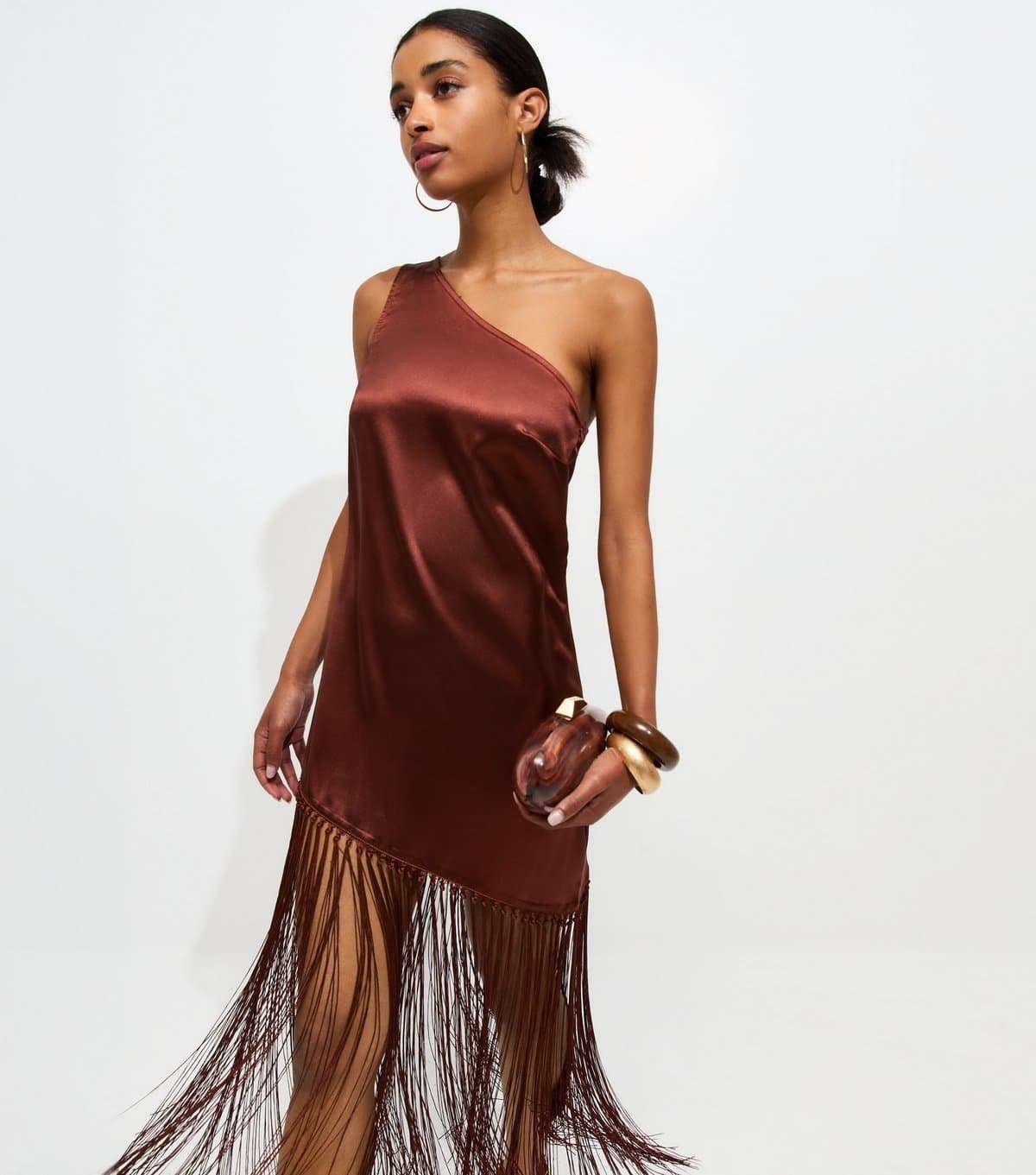 New Look Women's Rust Satin One Shoulder Tassel Trim Midi Dress New Look