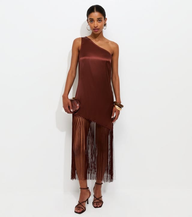New Look Women's Rust Satin One Shoulder Tassel Trim Midi Dress New Look - 3