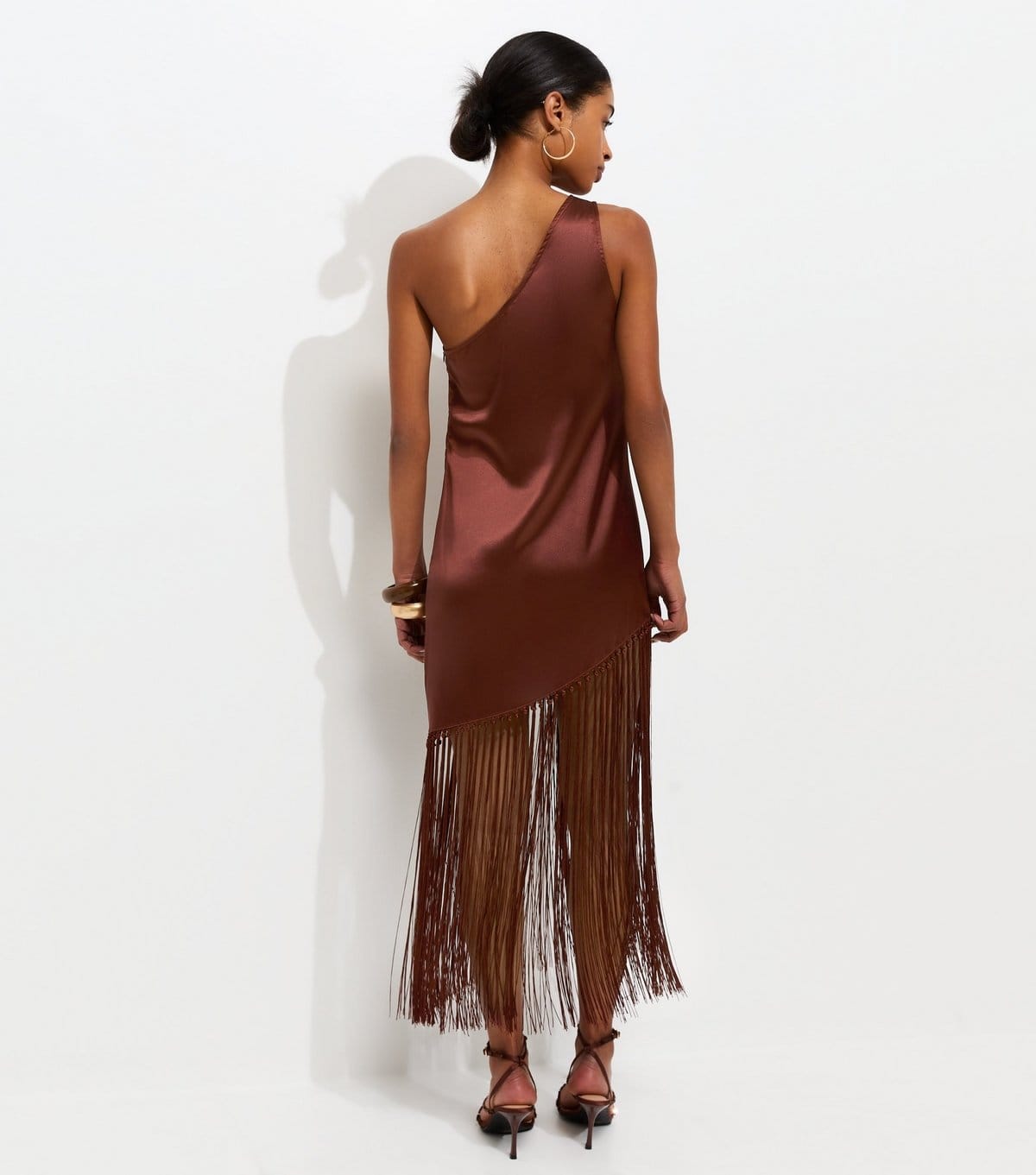 New Look Women's Rust Satin One Shoulder Tassel Trim Midi Dress New Look - 4