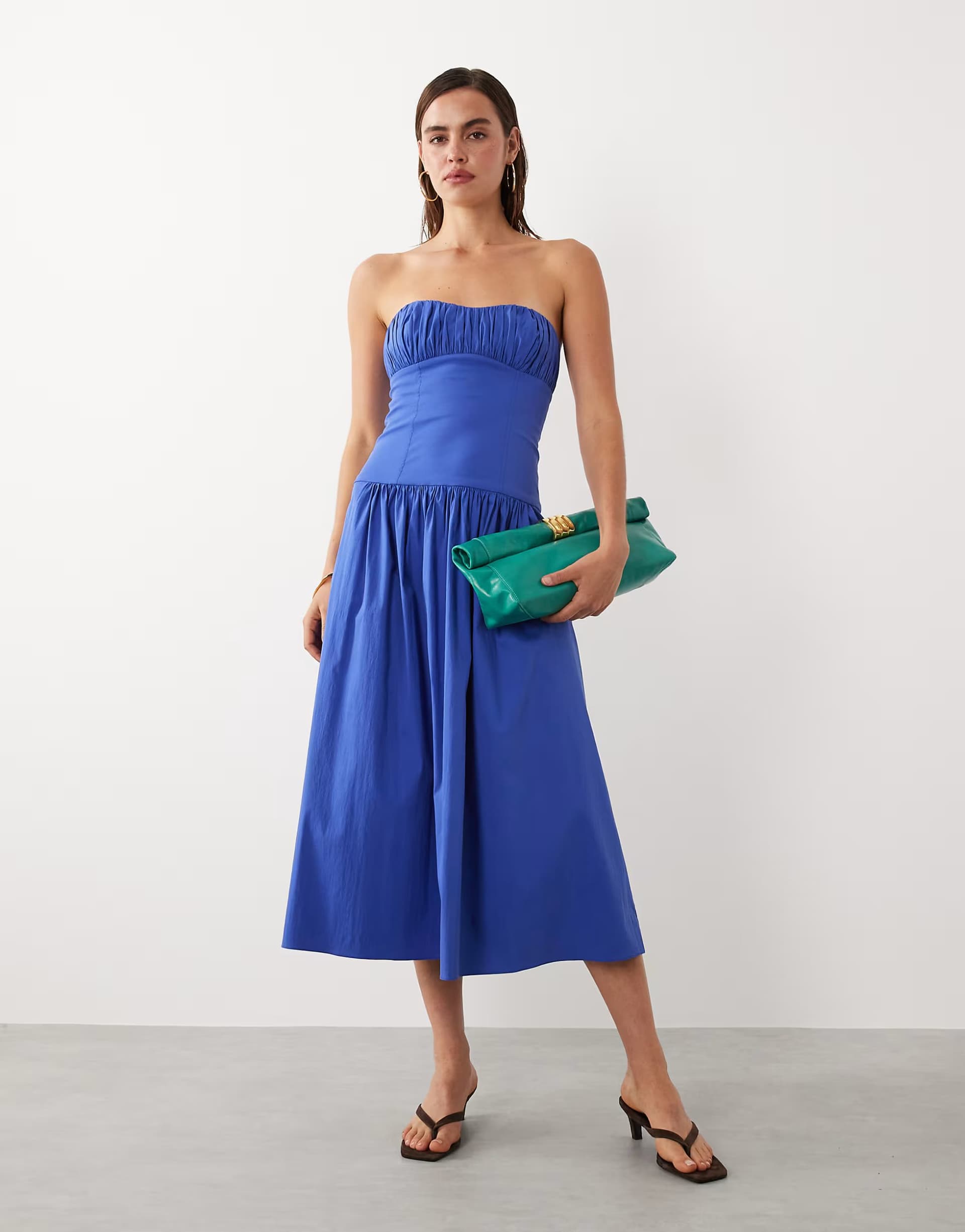 ASOS Mango starring Hailey Bieber structured off shoulder drop waist maxi dress in electric blue