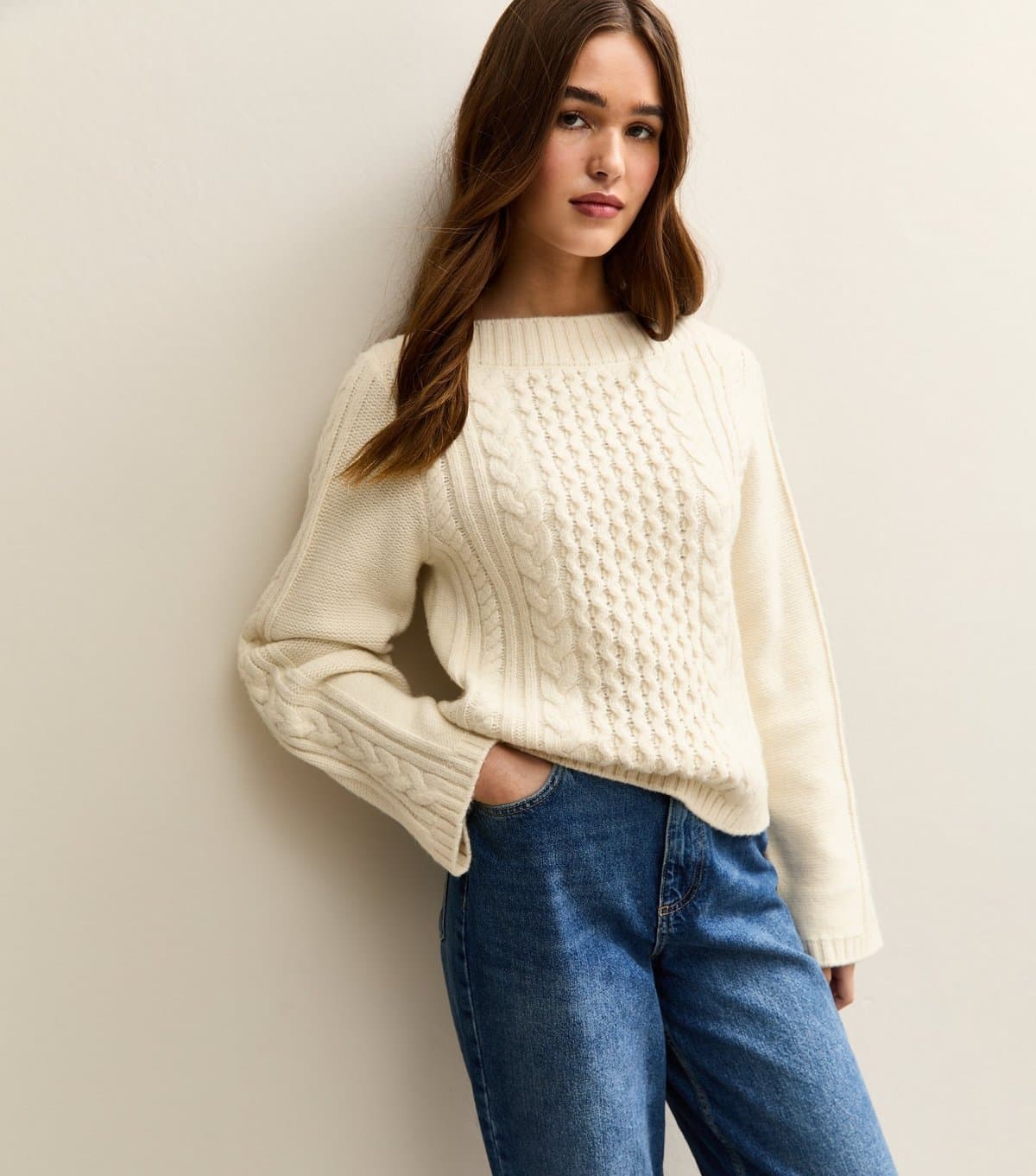 New Look Women's Cream Cable Knit Wide Sleeve Jumper New Look