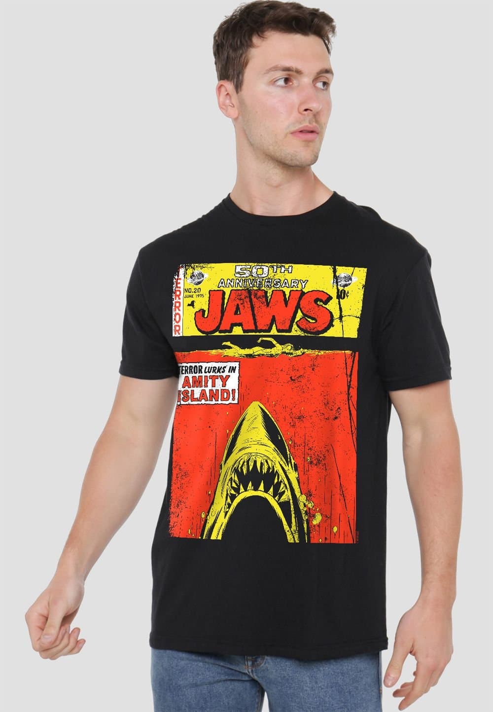 Universal Universal Men's Jaws Retro Comic Poster T-Shirt, Black