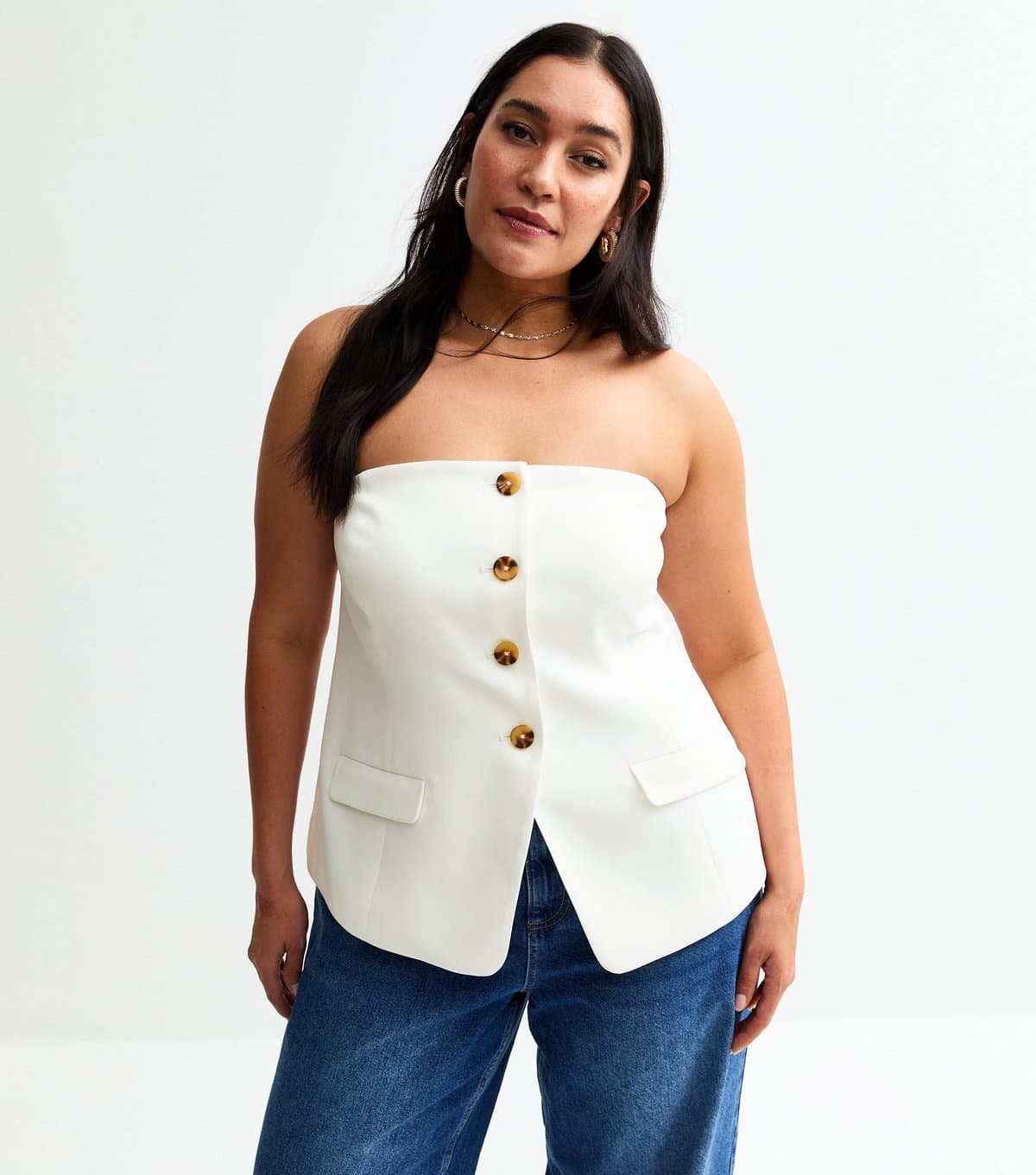 New Look Women's Plus Size White Button Front Bandeau Waistcoat Top Curves New Look