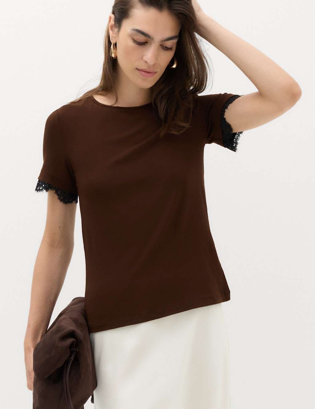 Marks & Spencer M&S Short Sleeve Lace Trim T-Shirt Chocolate