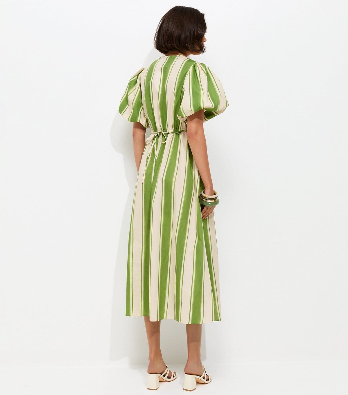 New Look Women's Green Striped Puff Sleeve Midi Dress New Look - 4