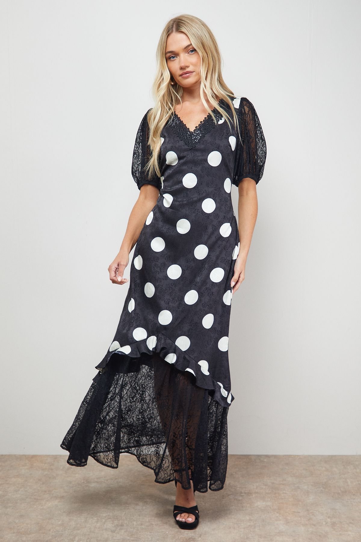 Oasis Oasis Women's Polkadot Lace Frill Detail Puff Sleeve Midi Dress in Black - 2