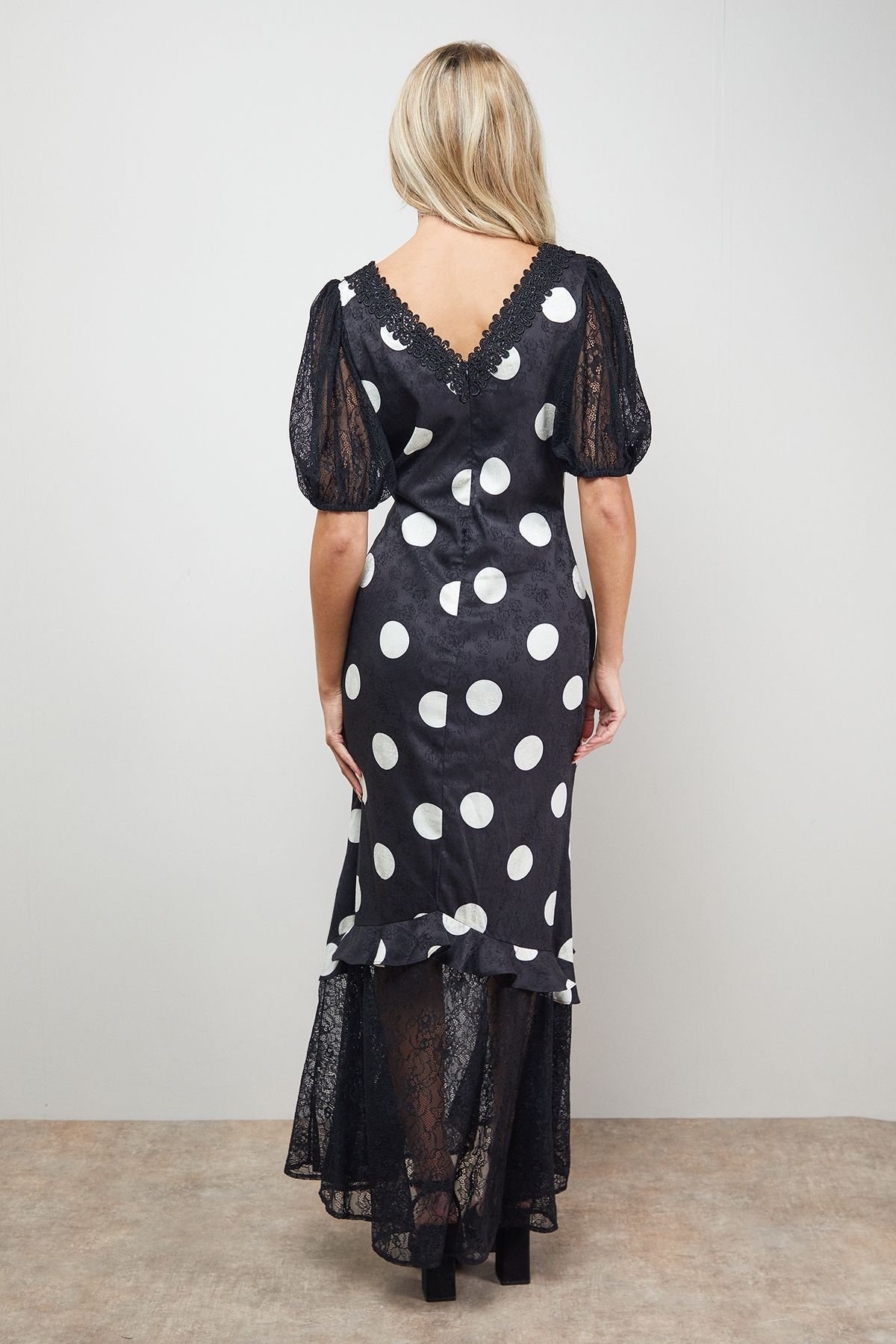 Oasis Oasis Women's Polkadot Lace Frill Detail Puff Sleeve Midi Dress in Black - 3