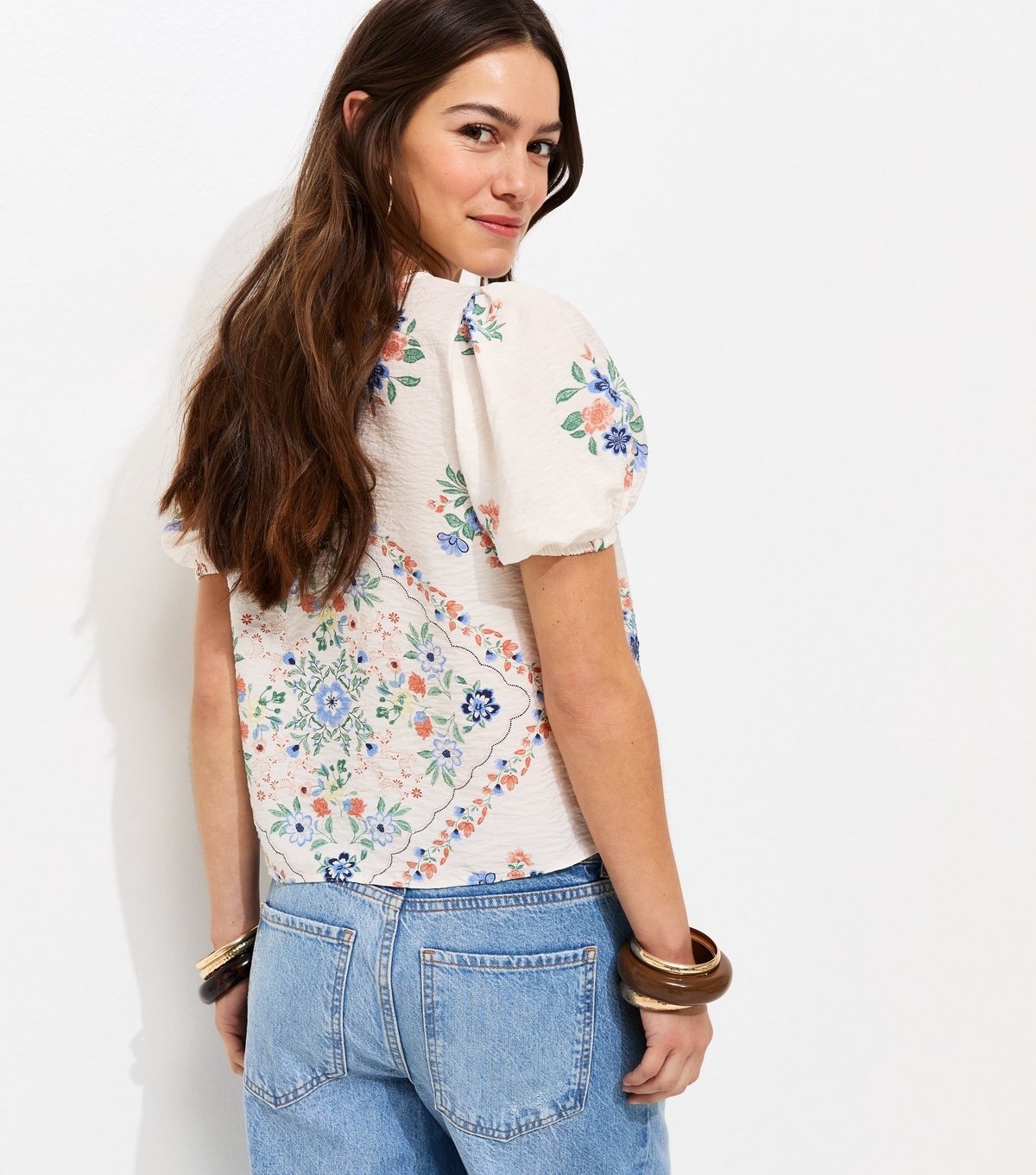 New Look Women's Petite Cream Scarf Print Puff Sleeve Blouse New Look - 4