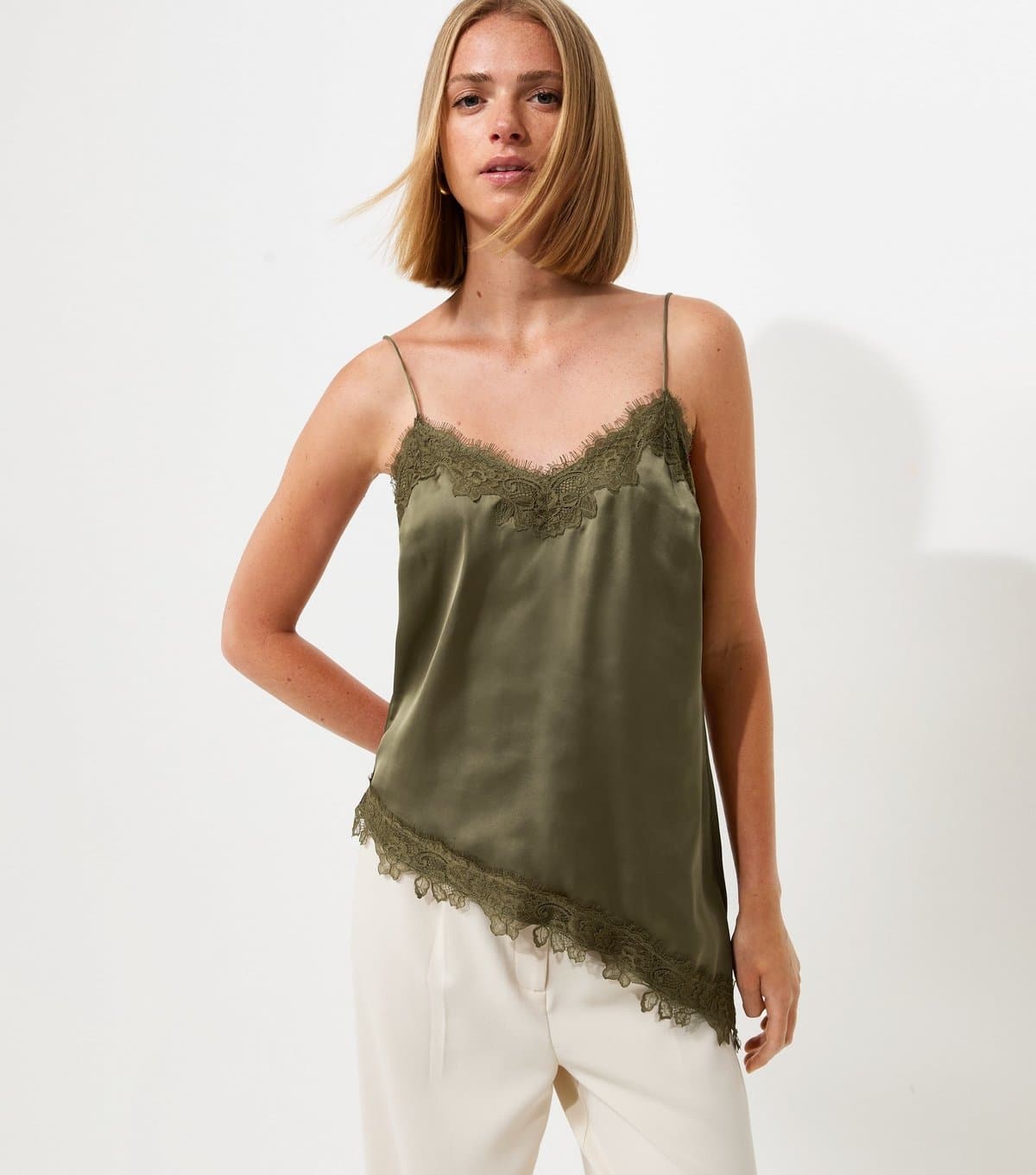 New Look Women's Light Khaki Satin Asymmetric Lace Hem Cami Top New Look