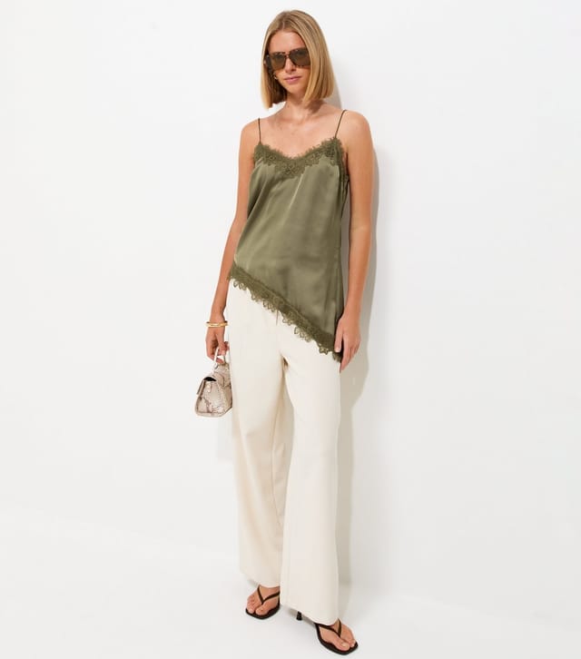 New Look Women's Light Khaki Satin Asymmetric Lace Hem Cami Top New Look - 3