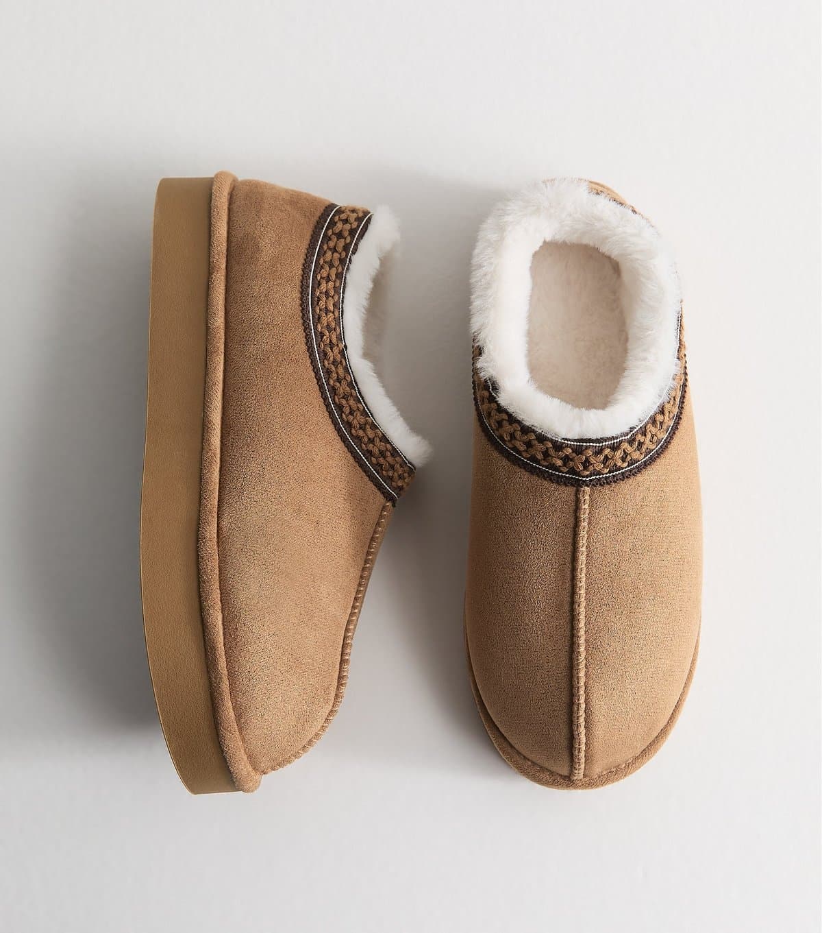 New Look Women's Tan Faux Suede Chunky Sole Tape Trim Slippers Vegan New Look