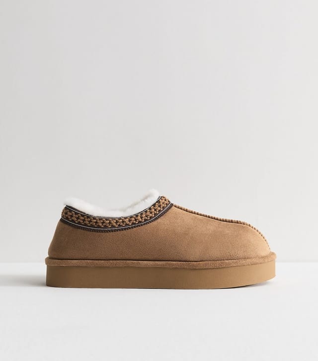 New Look Women's Tan Faux Suede Chunky Sole Tape Trim Slippers Vegan New Look - 3