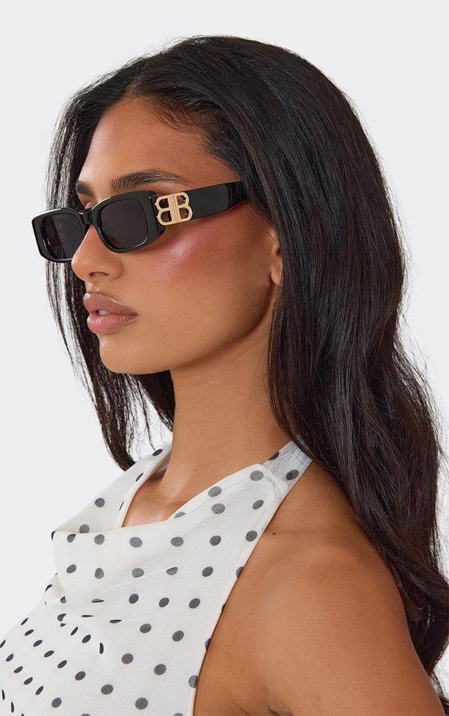 EGO Cut Out Side Logo Thick Frame Tinted Lense Rectangle Shaped Sunglasses In Black, Women's Size UK 0 - 2