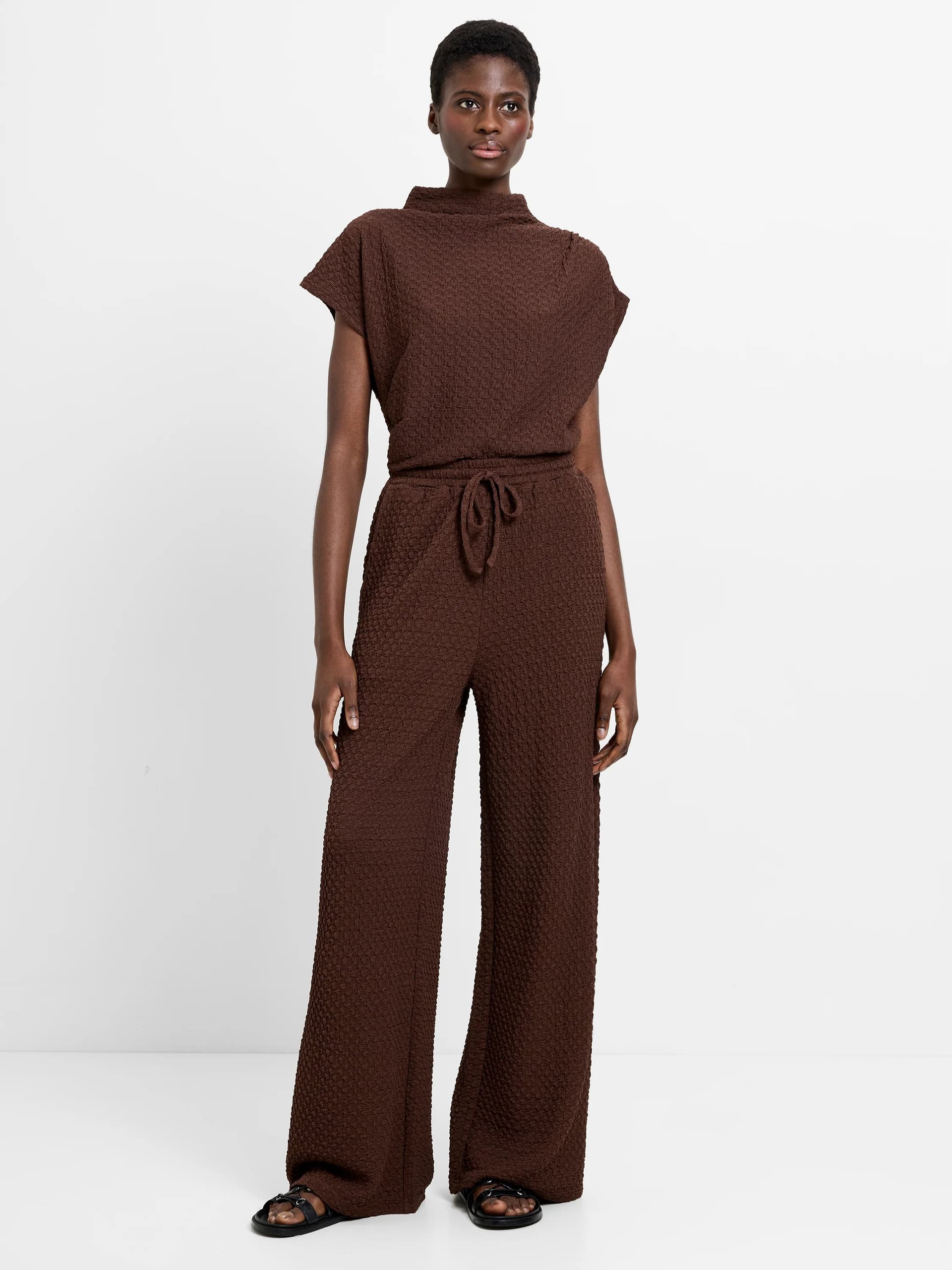 French Connection Textured Drawstring Wide Leg Trousers Chocolate Brown