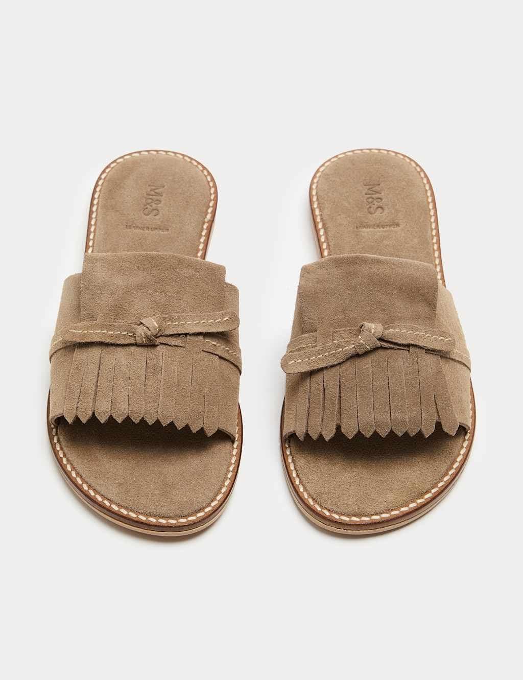 Marks & Spencer M&S Suede Fringed Flat Mules Taupe