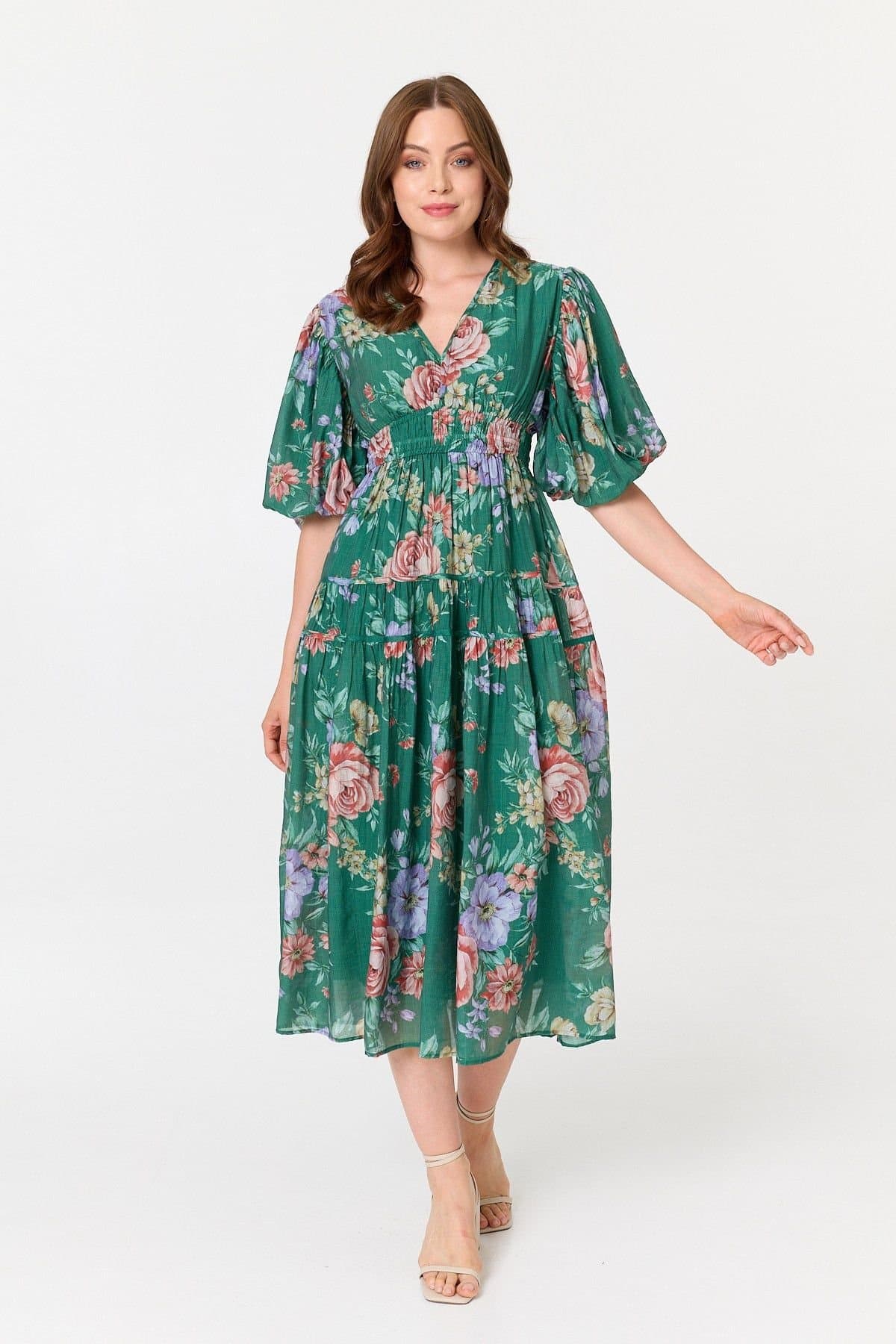 Izabel London Izabel London Women's Floral Puff 1/2 Sleeve Tiered Midi Dress in Green