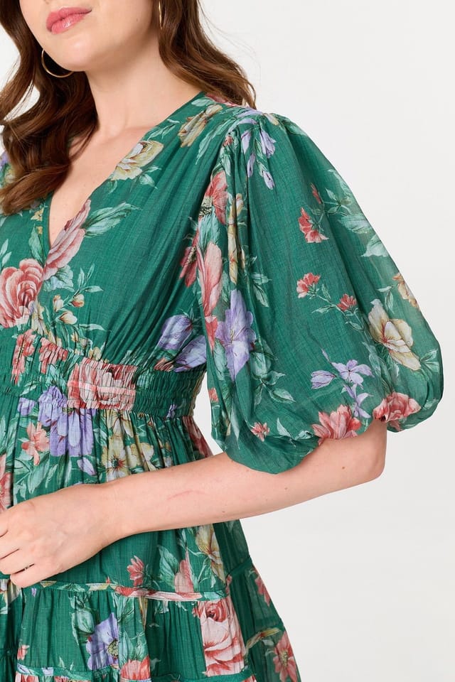 Izabel London Izabel London Women's Floral Puff 1/2 Sleeve Tiered Midi Dress in Green - 2