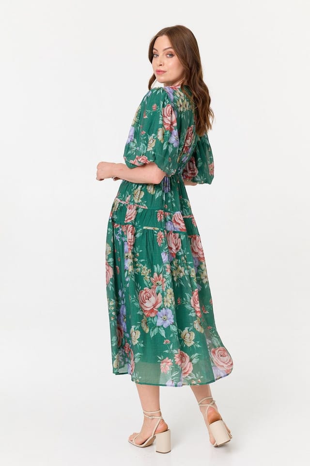 Izabel London Izabel London Women's Floral Puff 1/2 Sleeve Tiered Midi Dress in Green - 3