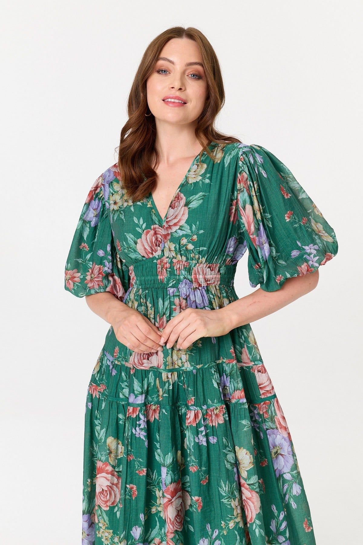 Izabel London Izabel London Women's Floral Puff 1/2 Sleeve Tiered Midi Dress in Green - 4