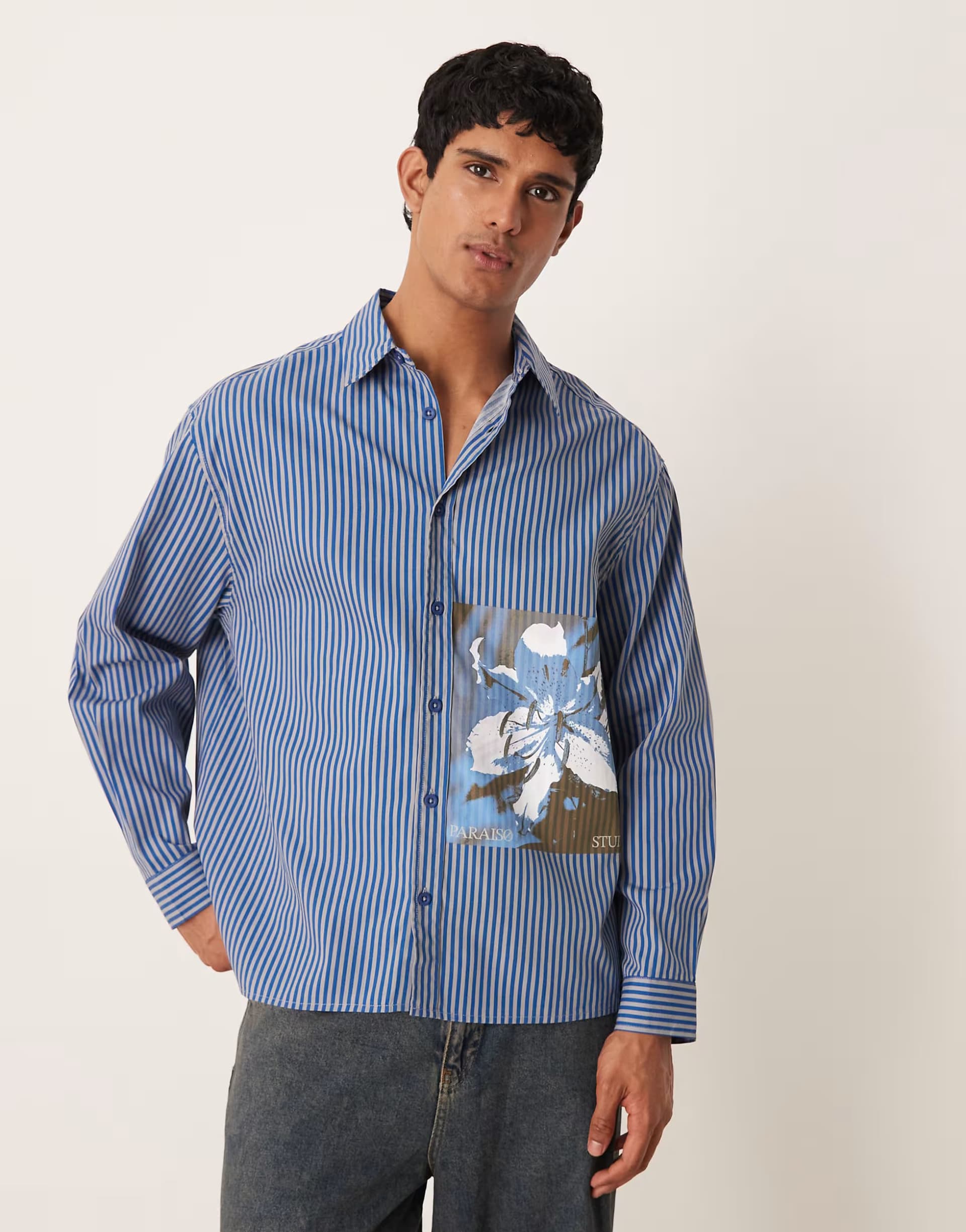 ASOS ASOS DESIGN oversized stripe poplin shirt with print detail in blue