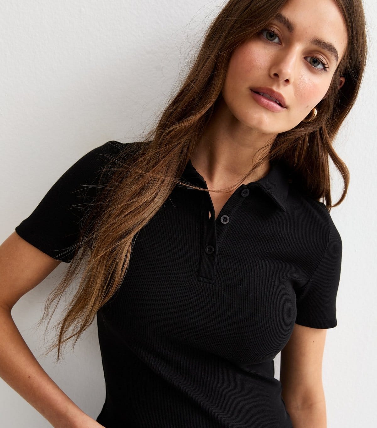 New Look Women's Black Ribbed Short Sleeve Polo Top New Look - 2