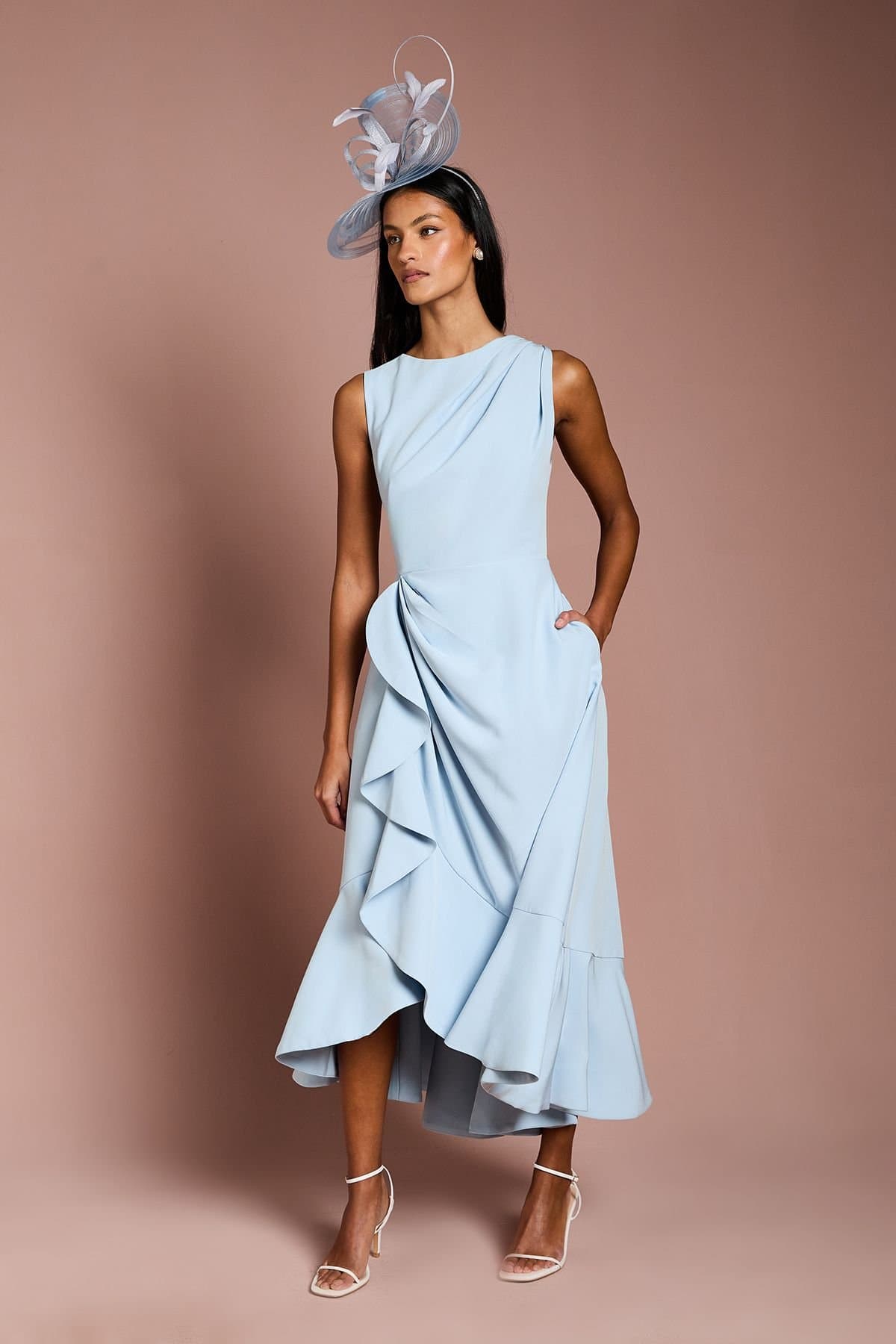 Coast Coast Women's Petite Crepe Ruffle Dress With Low Back in Pale Blue