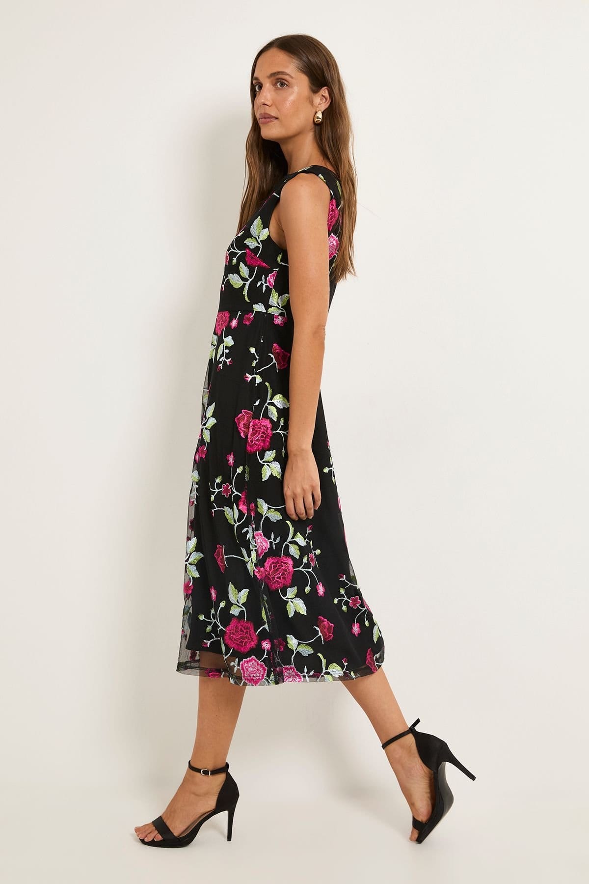Wallis Wallis Women's Floral Embroidered Mesh Fit & Flare Midi Dress in Blush - 4