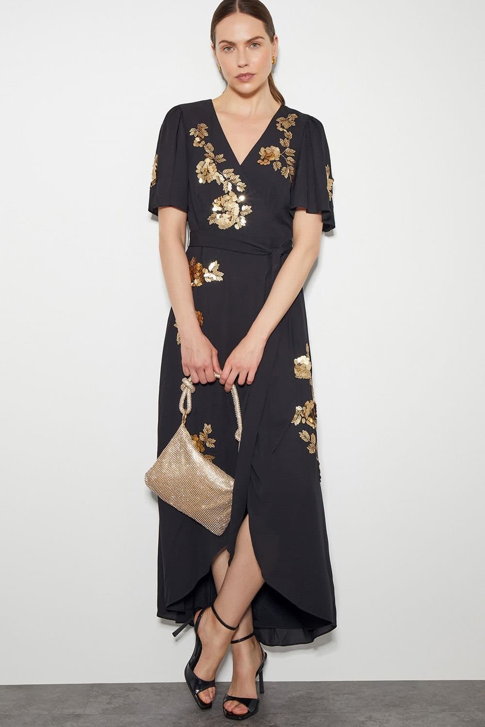 Monsoon Monsoon Women's Sarah Sequin Floral Midi Wrap Dress Black