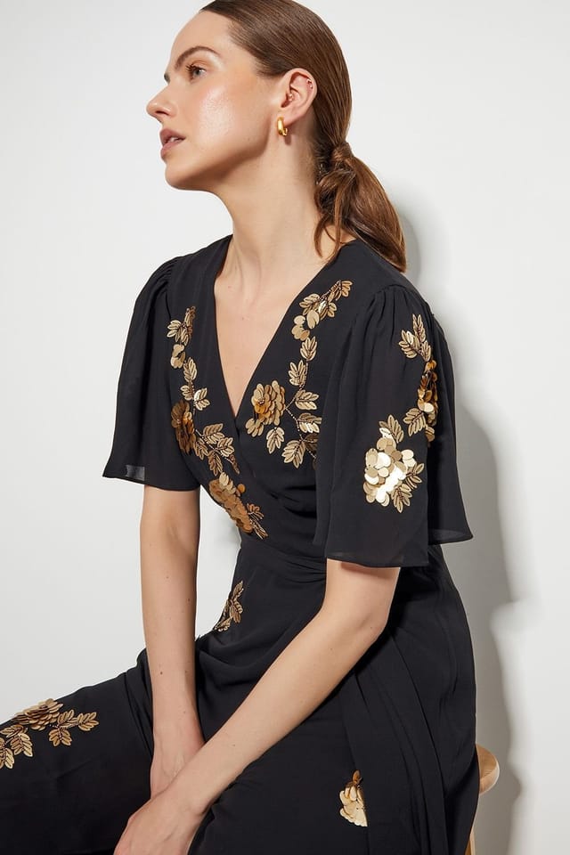 Monsoon Monsoon Women's Sarah Sequin Floral Midi Wrap Dress Black - 2